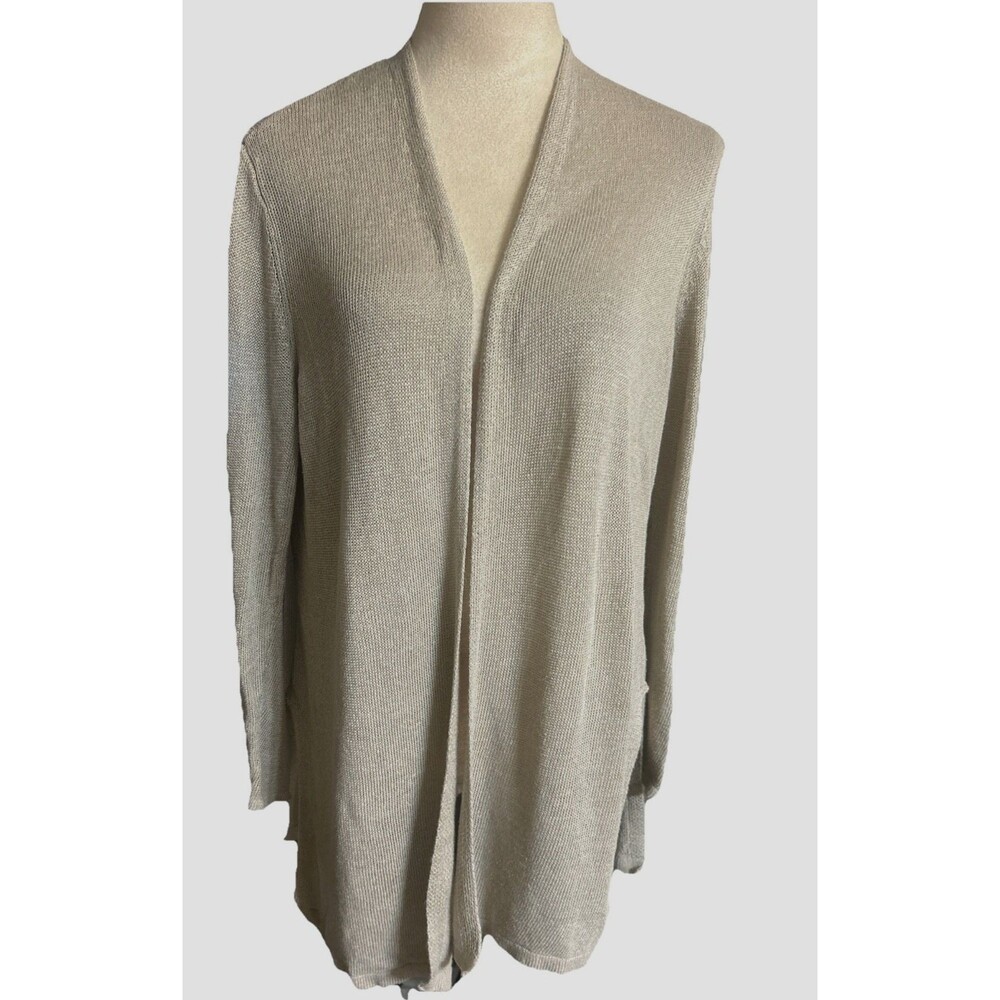 J Jill Womens L Linen Rayon Oatmeal Cardigan Open Lagenlook Long Sleeve Sweater